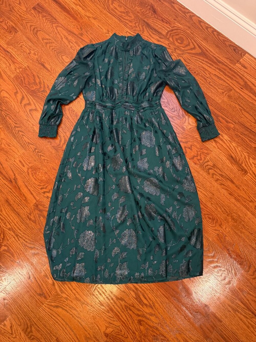 Anne Klein Green Metallic Floral Midi Dress 10P